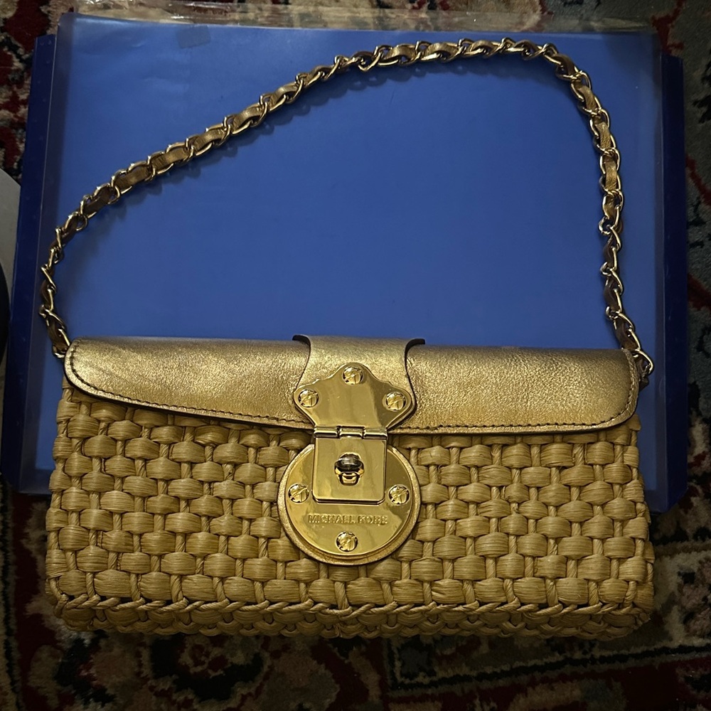Michael Kors tan woven handbag with gold leather trim and chain
